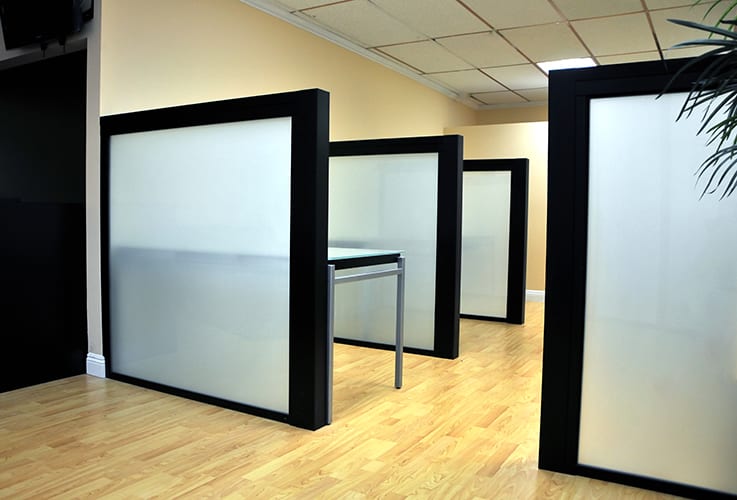 Black frame frosted glass fixed panel seperates space
