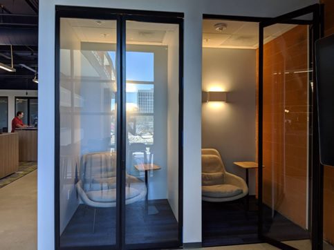 office booth space with sliding doors
