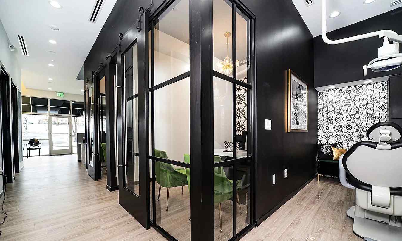 Orthodontics Office Black Clear L Shape Fixed Panel Windows Custom Continental 3rd Party Barn Door