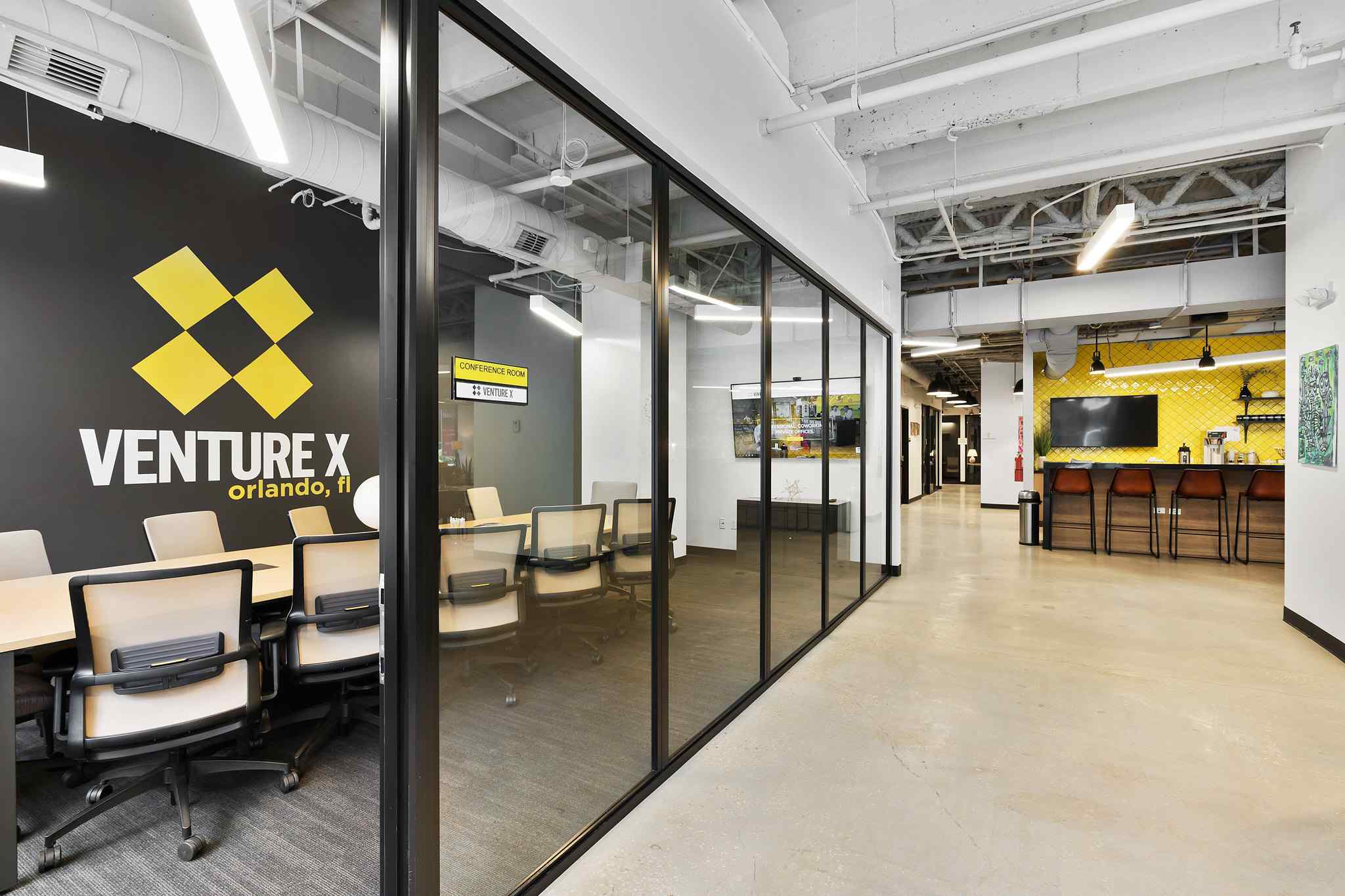 Venture X Fixed Panels Conference Room Orlando Coworking Office Black Clear