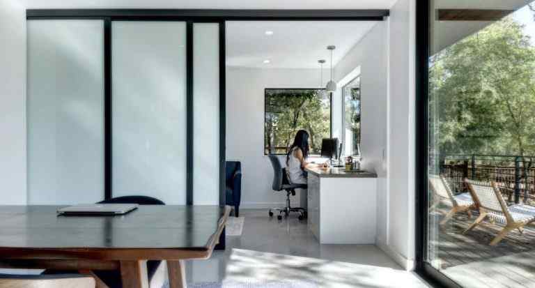 home office trackless sliding glass door panels