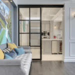 Living-room with sofa and picture on the wall interior sliding door