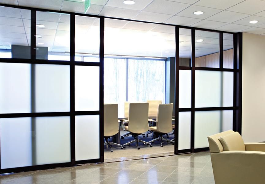 office divider for conference room with unique glass panels