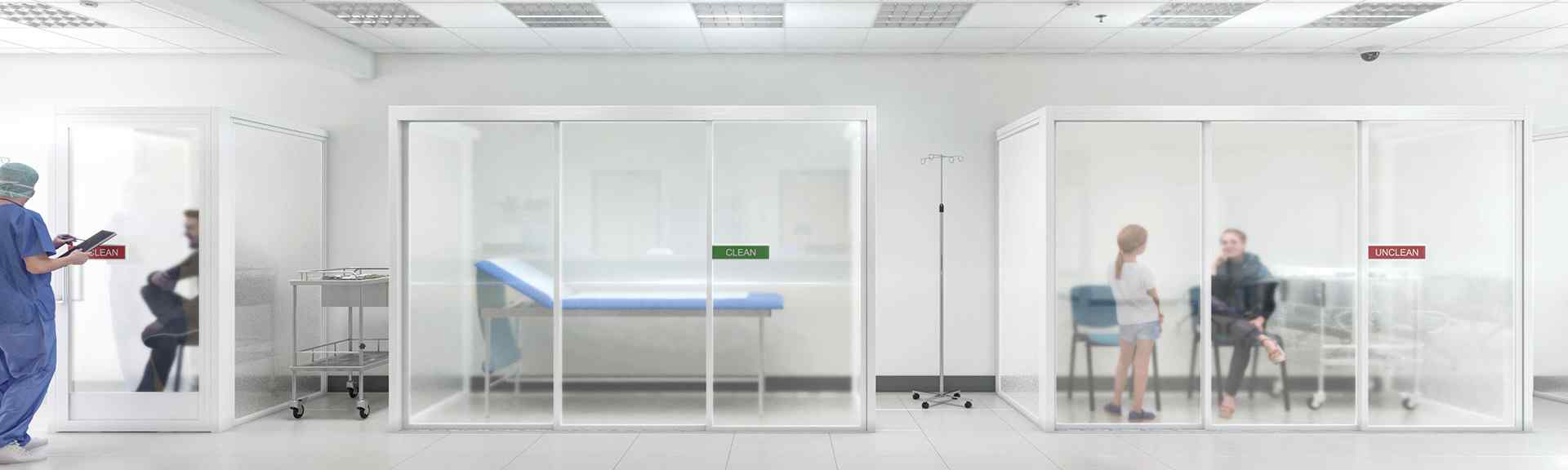 wellness glass walls with doctors in office quarantine room