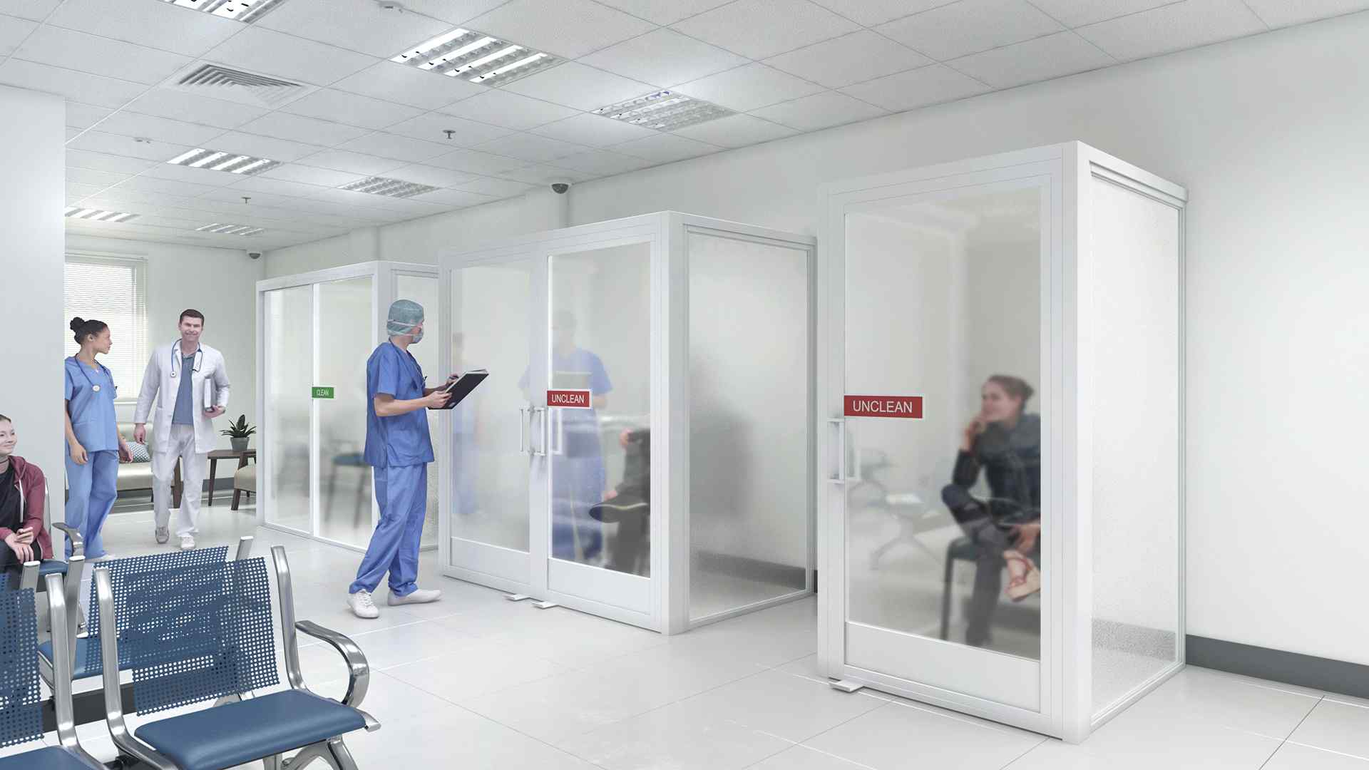 wellness glass walls with doctors in an office quarantine room